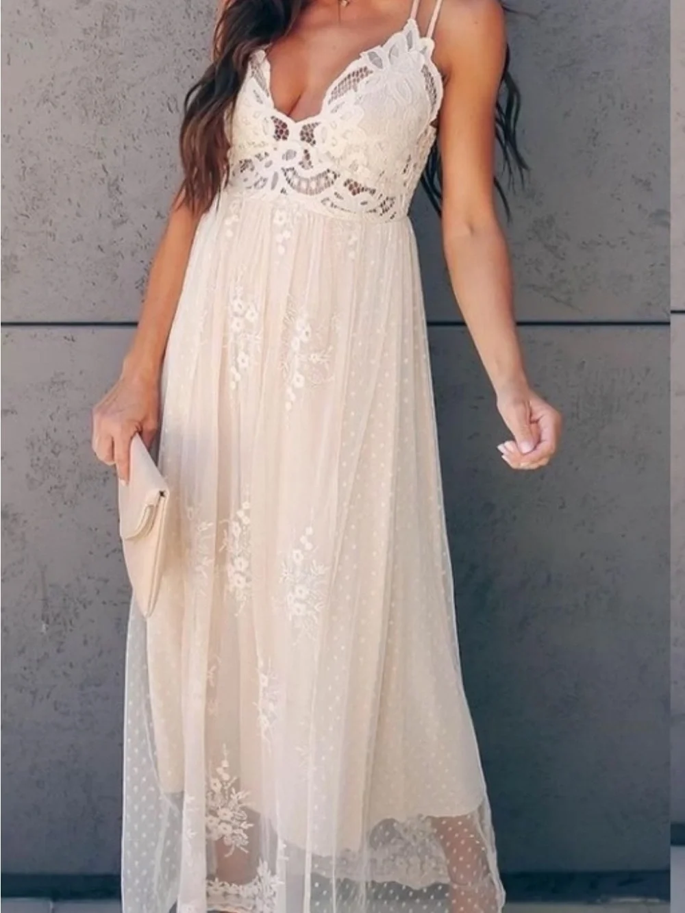 Lace Bodice Cream Maxi Dress with Delicate Overlay - Picture 1 of 5